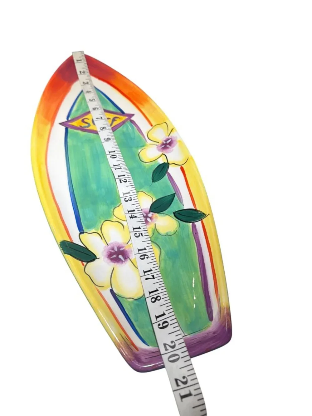 Clay Art Surfs Up Hand-Painted Surfboard Platter StoneLite Ceramic 19